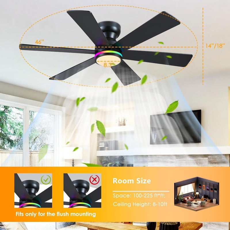 Asyko Black RGB Ceiling Fan with Light and Remote/APP Control - 46" Flush Mount Low Profile Fan Light, 6 Speeds 3CCT and Reversible, Indoor Ceiling Fan for Bedroom, Party - Image 4